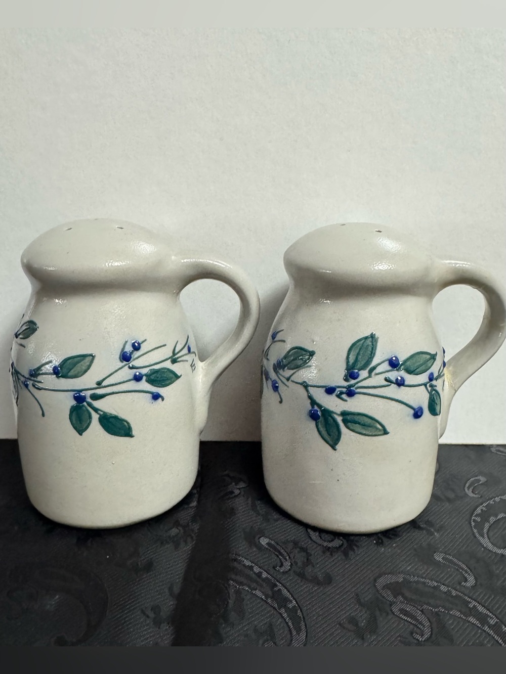 Salmon Falls Stoneware set of Salt & Pepper Shakers ~ Blueberry/Green Vine